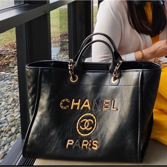 Authentic CHANEL Aged Calfskin Medium Studded Deauville Tote in Black - Picture 10 of 10